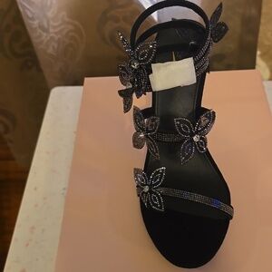 Glaze Black Floral Embellished Strappy Heels